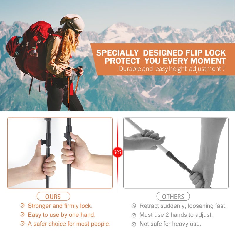 G2 GO2GETHER G2 Trekking Hiking Poles Telescopic/Aluminum Alloy/Comfort Handle/Auto-Adjustable Strap/Quick Flip Lock/Snow Baskets Attached (Pack of 2 Poles) (Orange & Black) - Image 5